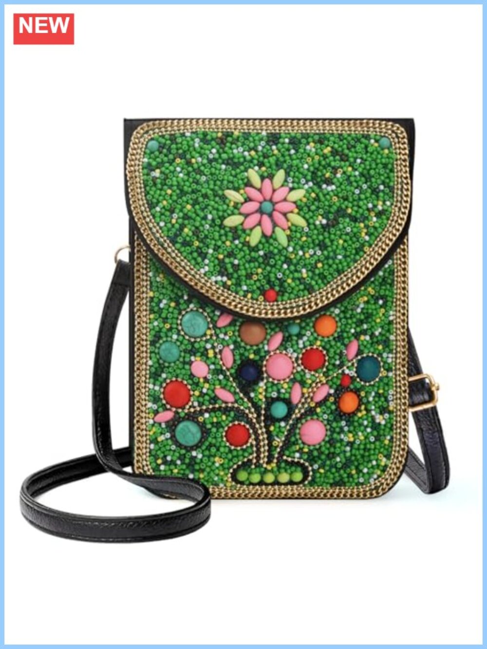 Handcrafted Beaded Crossbody Cell Phone Bag Adjustable Strap Boho Purse